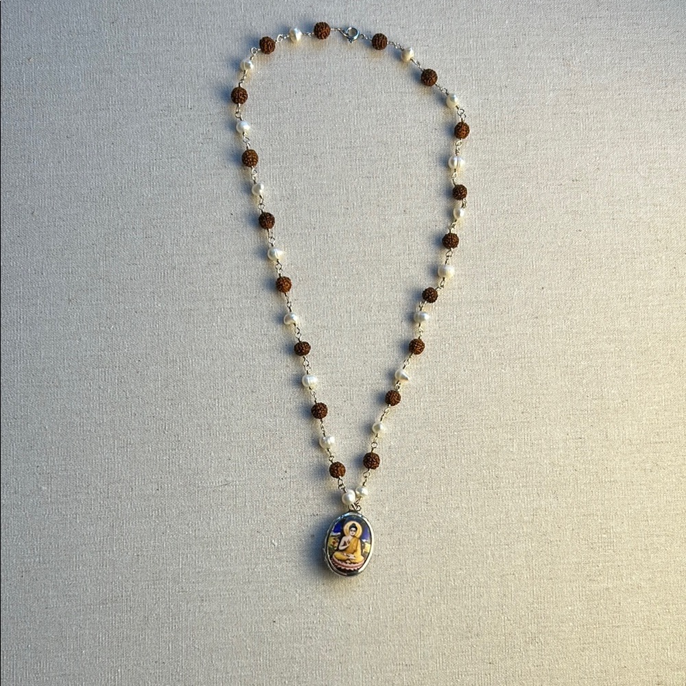 Brown and Cream Beaded Necklace with Teardrop Pendant